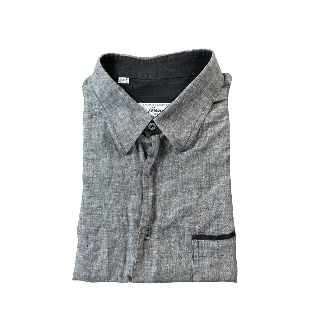 Brioni Gray Pure Linen Short Sleeve Mens Button Front Shirt Size 2XL XXL Italy